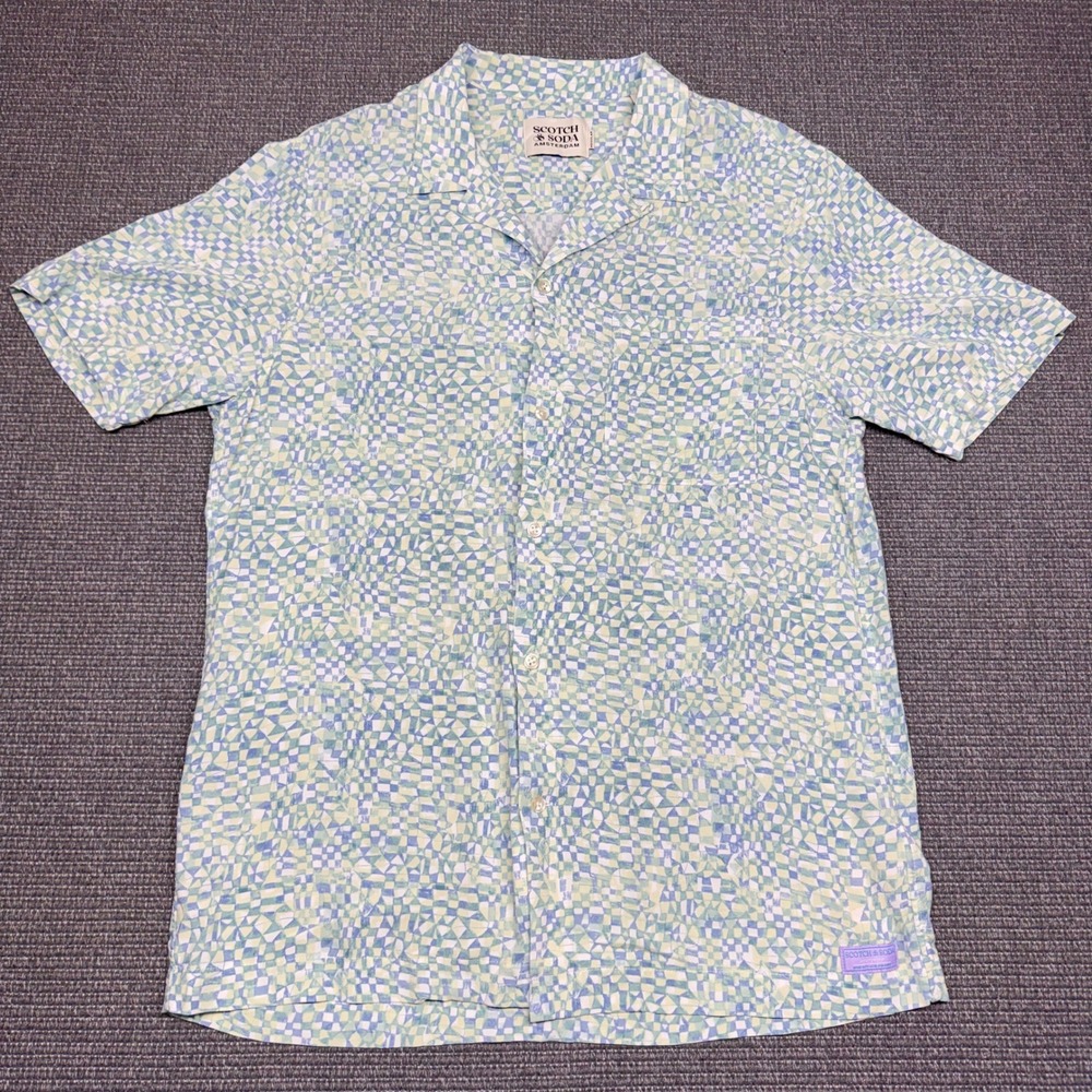 Scotch & Soda Mens Geometric Mosaic Print Viscose Camp Collar Shirt Blue Green L